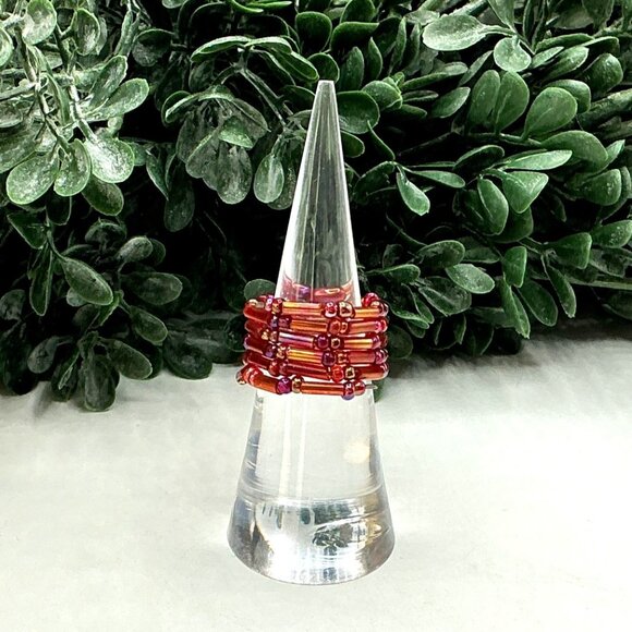Iridescent Red Seed Bead Spiral Wire Wrap Ring size 6- 7 - Picture 5 of 6